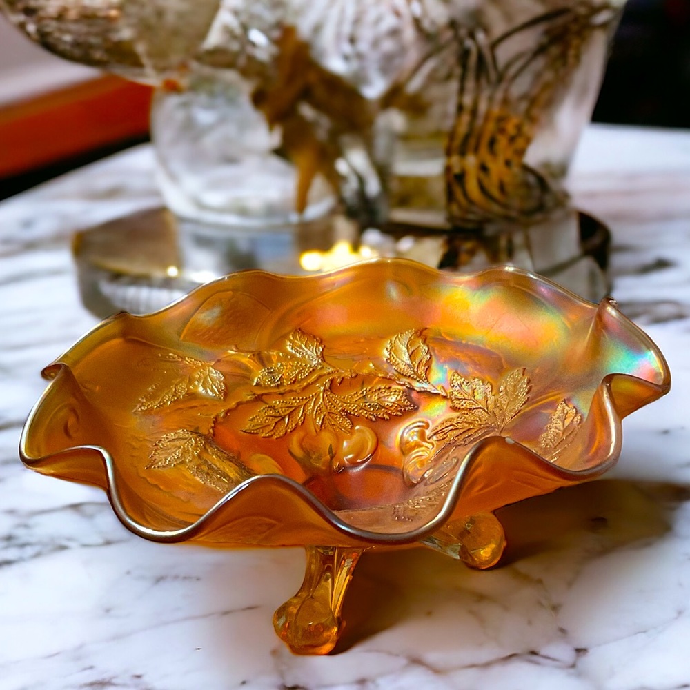 Vintage Dugan Cherries Three Footed Carnival Glass Bowl in Marigold - 8"